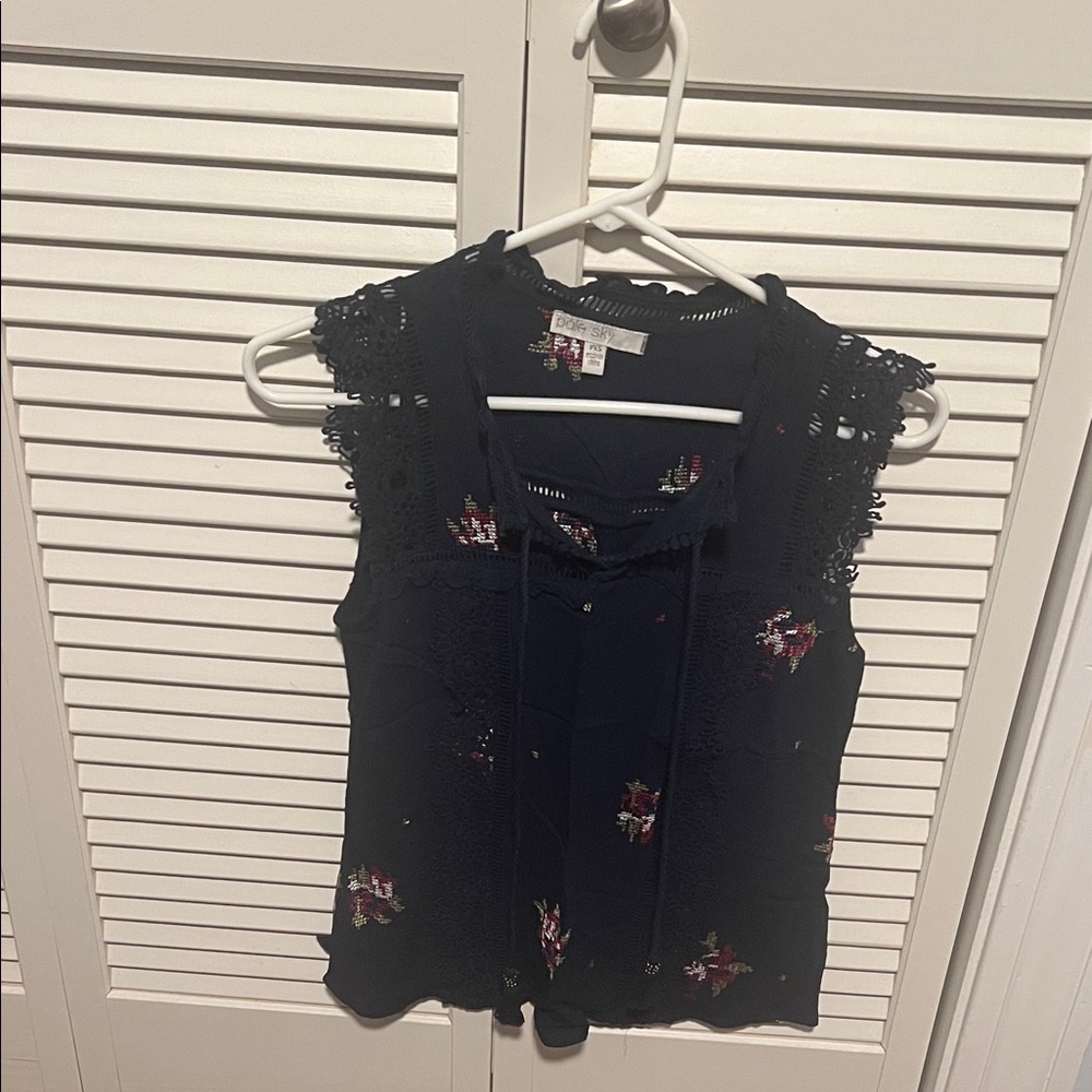 Floral Lace Trim Blue Top